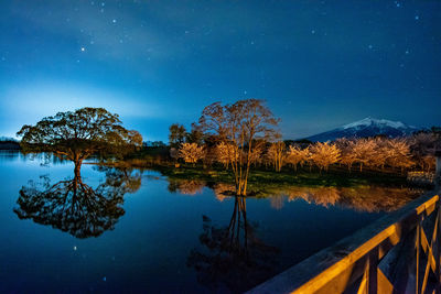 Scenic view of lake by trees against sky at night