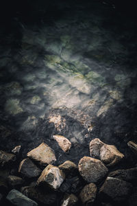 High angle view of stones in lake