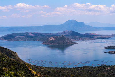 Scenic view of sea and mountains against sky