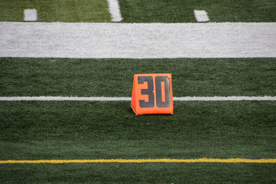 High angle view of information sign on soccer field