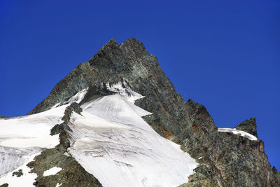 Low angle view of snowcapped mountain against clear blue sky