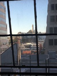 View of town seen through window