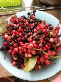 High angle view of fruits in bowl on table