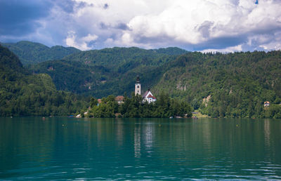 Scenic view of lake by mountain against sky