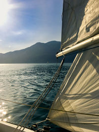 Sailboat sailing on sea against sky