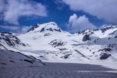 Scenic view of snow covered mountains against sky