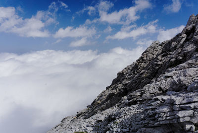 Low angle view of rock formation against sky