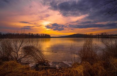 Scenic view of lake against sky during sunset