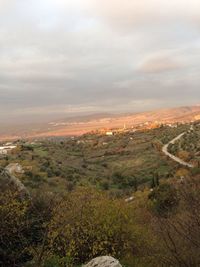 High angle view of landscape against sky during sunset