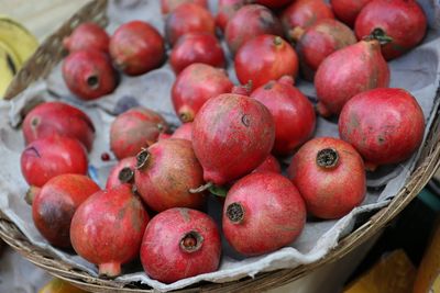 High angle view of strawberries in basket for sale