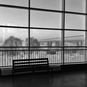 Building seen through glass window
