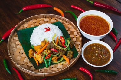 High angle view of various food on table