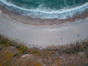 Top down aerial view of spooners cove where the blue ocean hits the beach