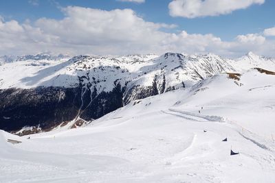 Scenic view of snow covered mountains against sky