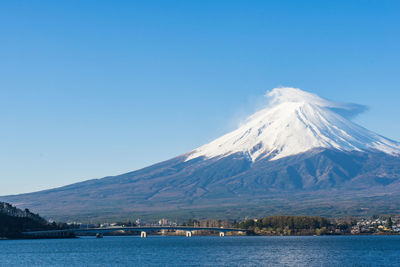 Scenic view of snowcapped mountains against clear blue sky