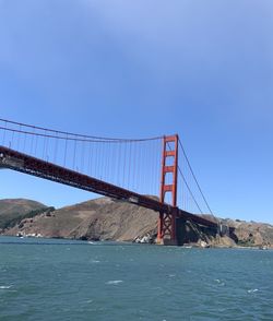 Suspension bridge over sea against clear blue sky