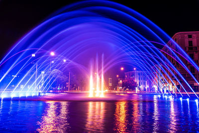 Illuminated fountain at night