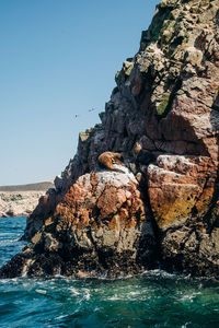 Rock formation in sea against clear blue sky