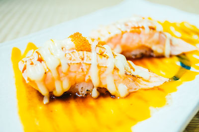 Close-up of seafood served on table