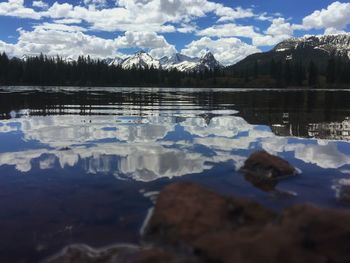 Scenic view of lake against cloudy sky