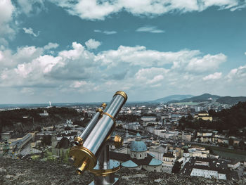 High angle view of buildings in city against sky