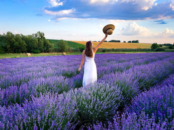 Rear view of woman in white dress in a field of lavender on a cloudy day