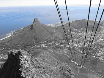 High angle view of sea and mountains against sky