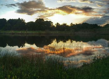 Scenic view of lake against sky at sunset