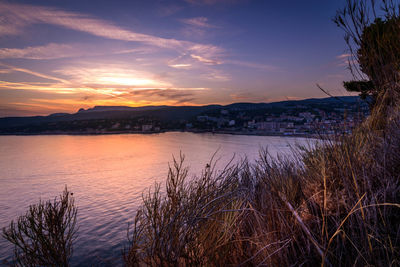 Scenic view of lake against sky during sunset