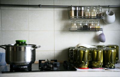 Containers on shelves