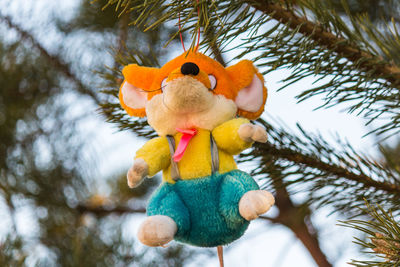 Low angle view of stuffed toy hanging on tree