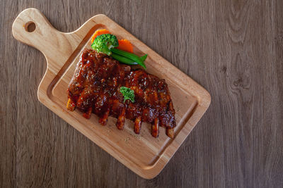 High angle view of food served on table