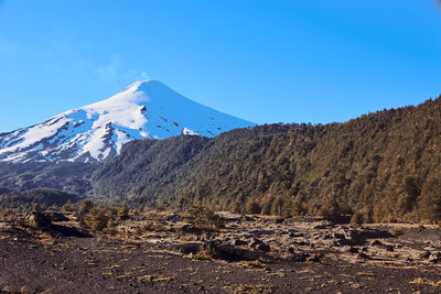 Scenic view of snowcapped mountains against clear blue sky