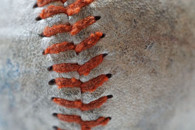 High angle view of baseball equipment on field