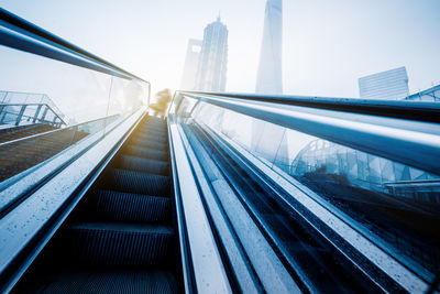 Railroad tracks in city against clear sky