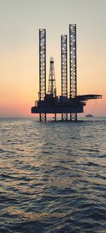 Cranes in sea against clear sky during sunset