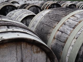 Close-up of barrels in factory