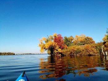 Scenic view of lake against clear blue sky