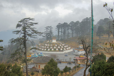 Panoramic view of temple and trees against sky