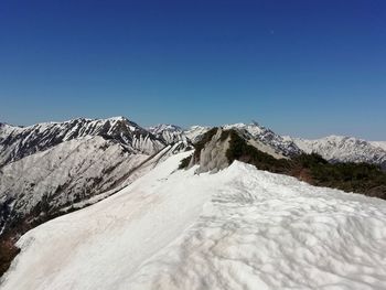 Scenic view of snowcapped mountains against clear blue sky