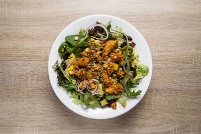 High angle view of meal served on table