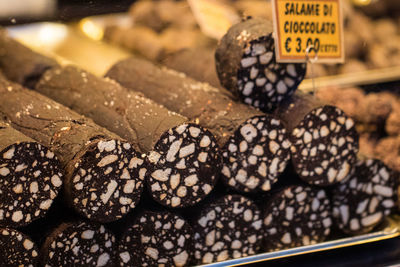 Close-up of chocolate desserts at shop