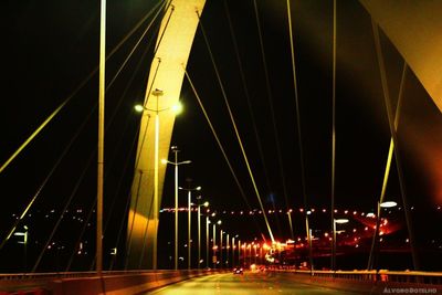 Light trails on suspension bridge at night