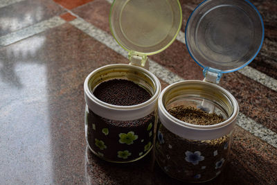 High angle view of coffee on table