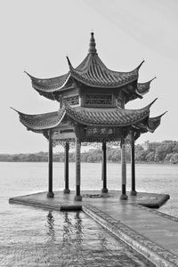 Scenic view of chinese patio in west lake, hangzhou. 