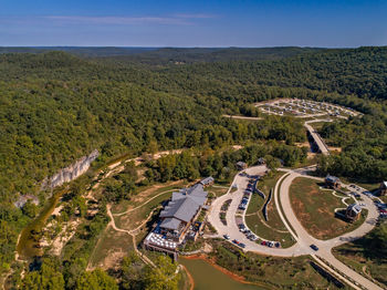 High angle view of road amidst landscape against sky