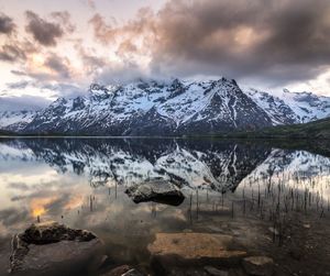 Scenic view of lake by snowcapped mountains against sky