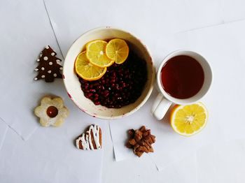 Directly above shot of fruits served on table