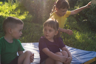 Children spend their leisure time outdoors. the concept of childhood friendship, interaction 