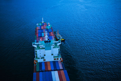 High angle view of ship moving on sea